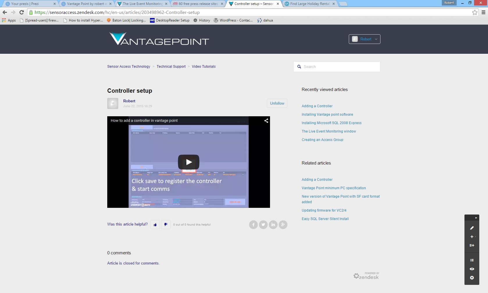 Print screen of the VantagePoint support site, showing an example video of a controller set up video