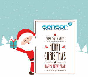 Image of a cartoon santa holding up a sign wishing Sensor Access' customer a Merry Christmas and a Happy New Year