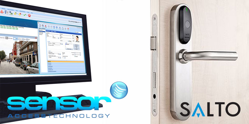 Image showing a computer using the GuardPoint Pro software next to a door commonly used to read cards for access. Included at the bottom of the image are the Sensor Access and SALTO logos