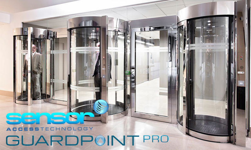 Image of three lifts, occupied by two men in a lobby. The Sensor Access and GuardPoint Pro logos are located at the bottom of the image too