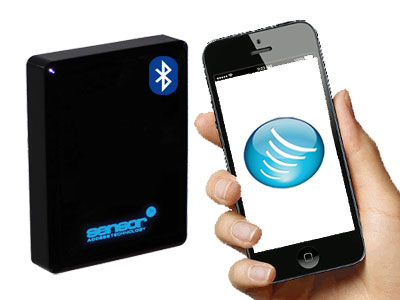Image of Sensor Access bluetooth reader with a mobile phone being presented to it with the Sensor logo on the screen